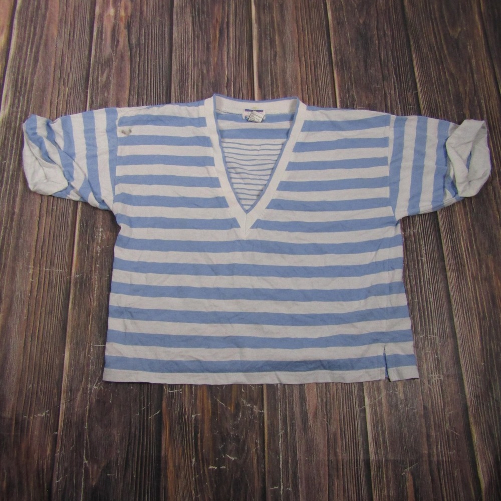 62 EAST Womens Large Blue White Striped V Neck Short Sleeve T Shirt Granny 90s